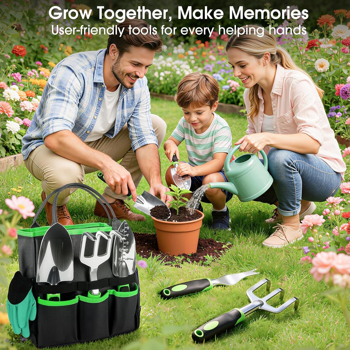 Garden Tools Set - 10 PCS, Heavy Duty Gardening Hand Tools Kit with Storage Tote, Rust-Resistant Gardening Supplies for Planting with Non-Slip Ergonomic Handle for Women and Men (Green)