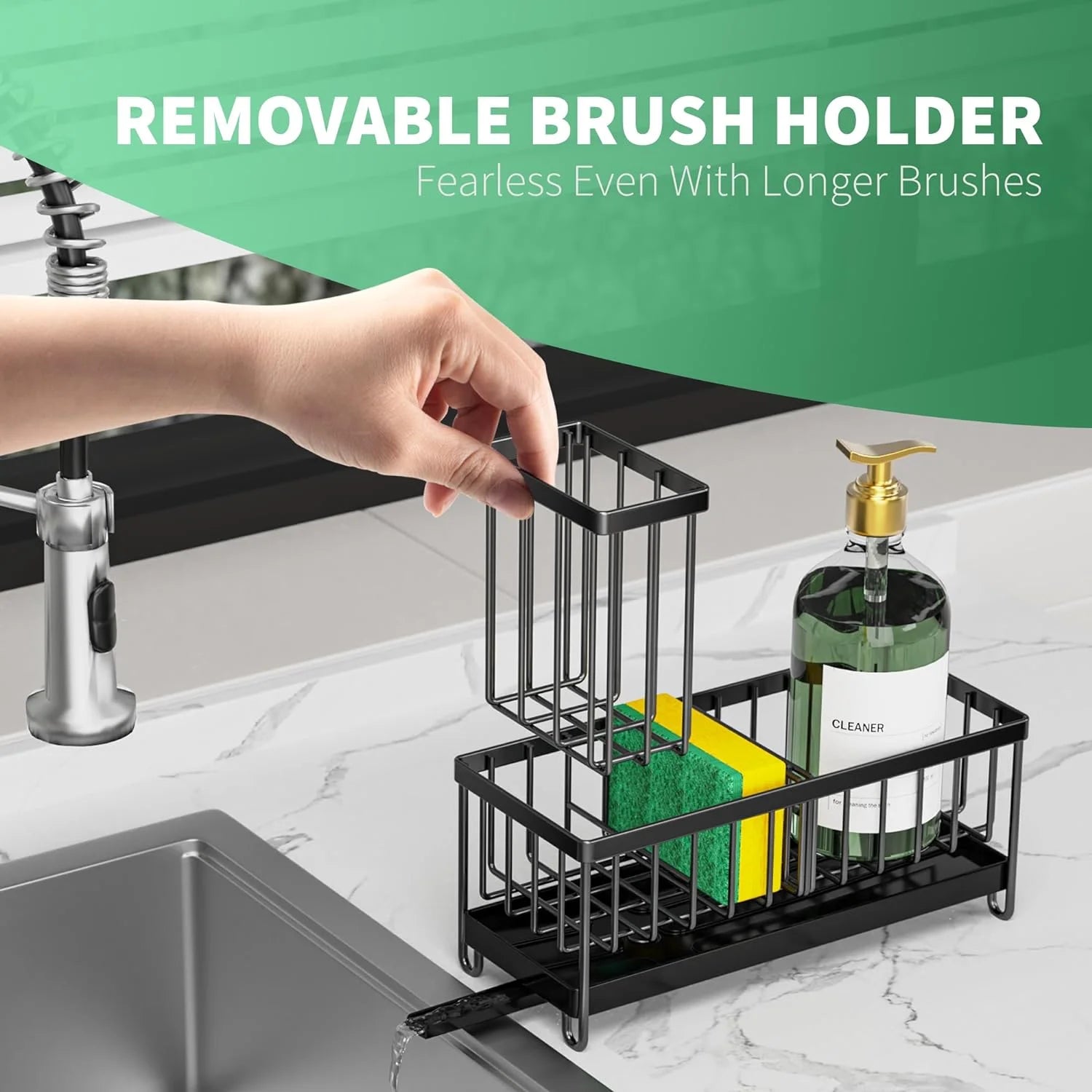 Dasaka Black Sponge Holder for Kitchen Sink, Sink Caddy Organizer with High Brush Holder, Kitchen Countertop Organizers and Storage Essentials, Rustproof 304 Stainless Steel, Soap Dispenser Organize