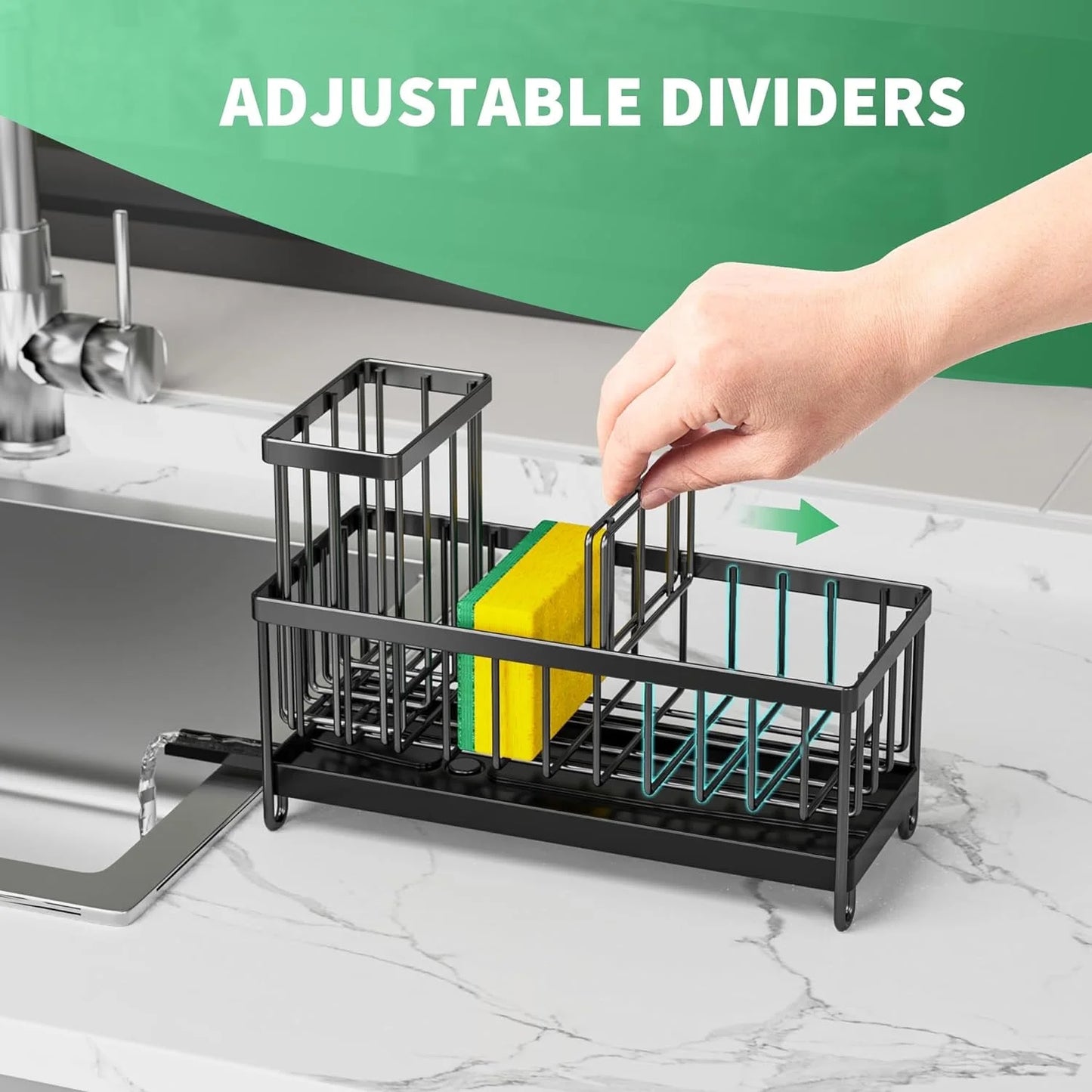 Dasaka Black Sponge Holder for Kitchen Sink, Sink Caddy Organizer with High Brush Holder, Kitchen Countertop Organizers and Storage Essentials, Rustproof 304 Stainless Steel, Soap Dispenser Organize