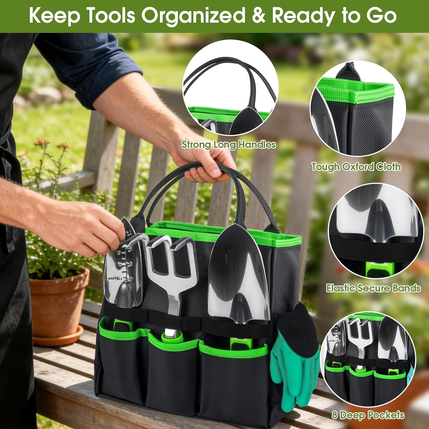 Garden Tools Set - 10 PCS, Heavy Duty Gardening Hand Tools Kit with Storage Tote, Rust-Resistant Gardening Supplies for Planting with Non-Slip Ergonomic Handle for Women and Men (Green)