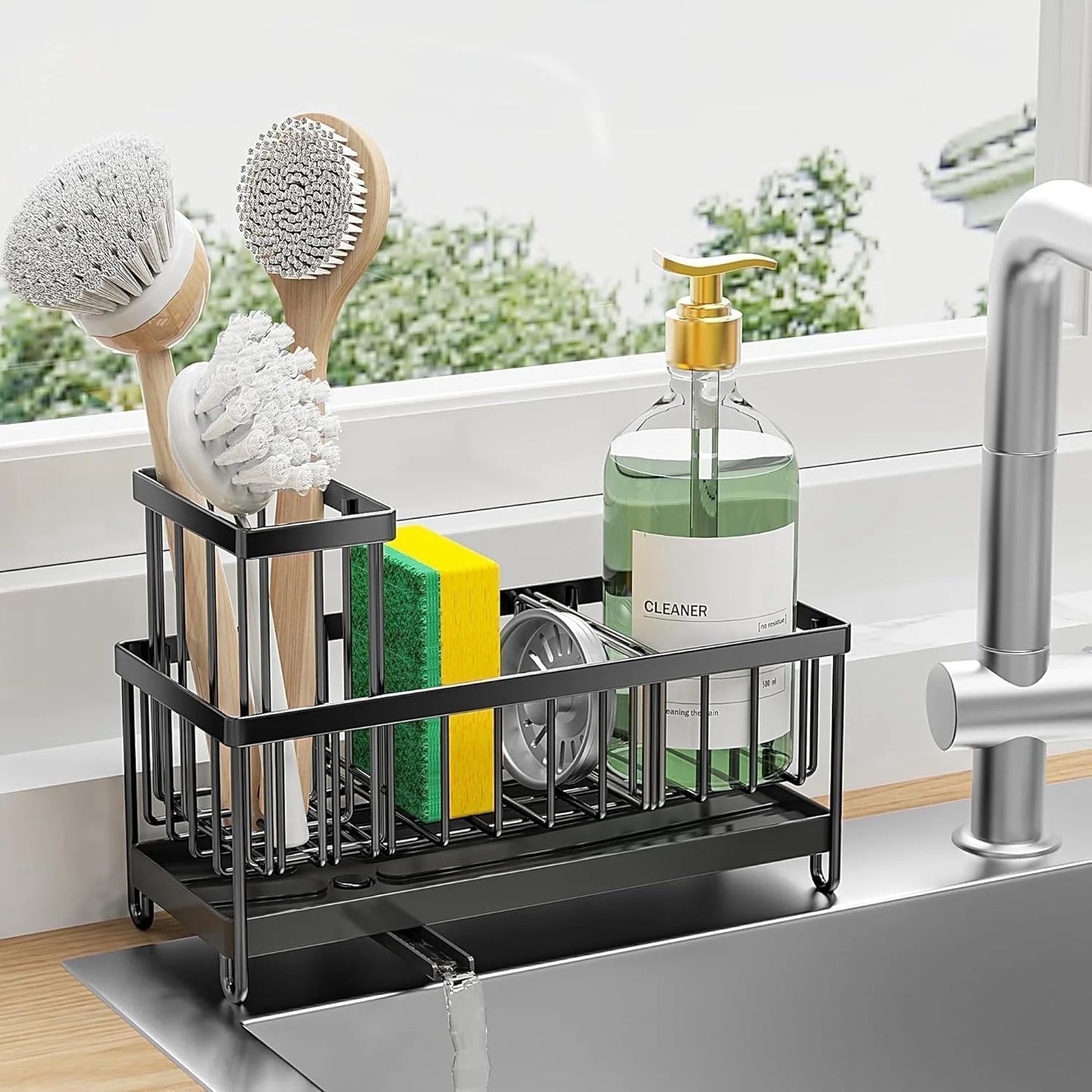 Dasaka Black Sponge Holder for Kitchen Sink, Sink Caddy Organizer with High Brush Holder, Kitchen Countertop Organizers and Storage Essentials, Rustproof 304 Stainless Steel, Soap Dispenser Organize