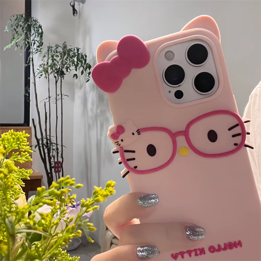INS Cute Glasses Simple Lovely Hello Kitty Phone Case for Iphone 16 15 14 13 12 11 Pro Max XR XS MAX 16 plus Case Back Cover