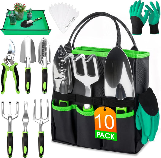 Garden Tools Set - 10 PCS, Heavy Duty Gardening Hand Tools Kit with Storage Tote, Rust-Resistant Gardening Supplies for Planting with Non-Slip Ergonomic Handle for Women and Men (Green)