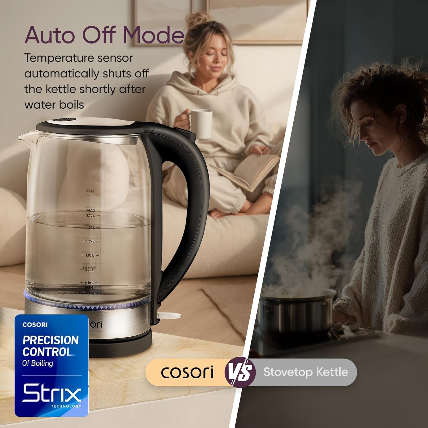 Electric Kettle, No Plastic Contact with Water, Wide Mouth for Easy Cleaning, Auto Shut Off, 1.7L Tea Kettle & Hot Water Boiler, Water Heater & Teapot, Borosilicate Glass, Black, 1500W