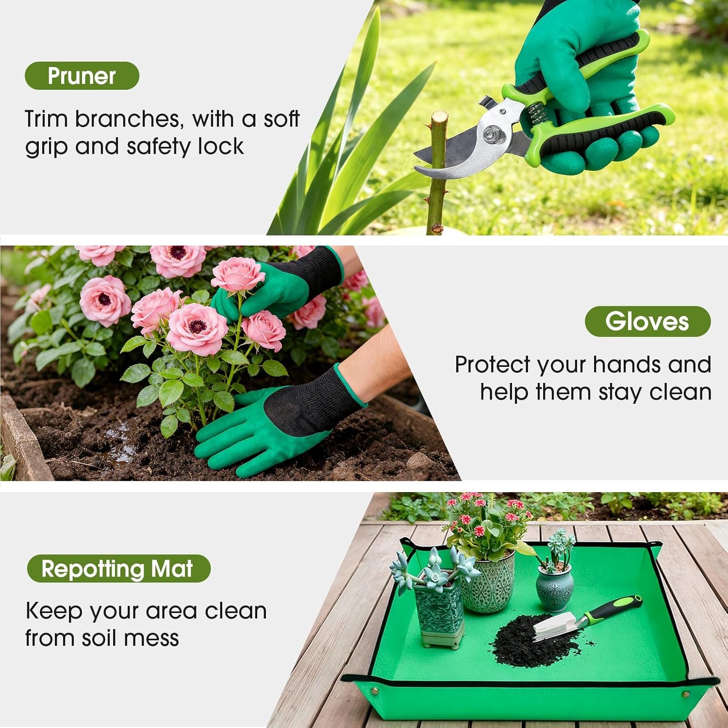 Garden Tools Set - 10 PCS, Heavy Duty Gardening Hand Tools Kit with Storage Tote, Rust-Resistant Gardening Supplies for Planting with Non-Slip Ergonomic Handle for Women and Men (Green)