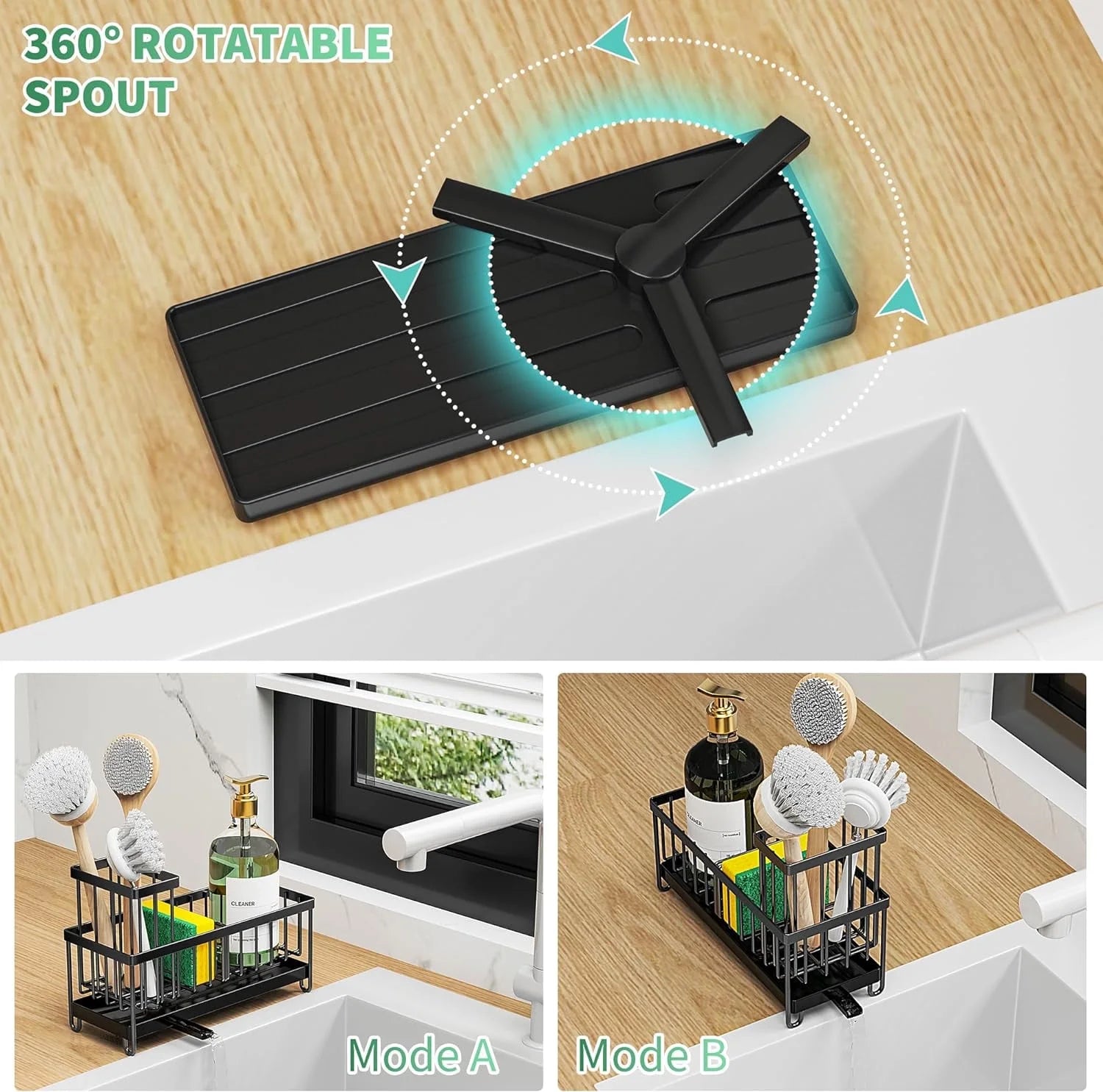 Dasaka Black Sponge Holder for Kitchen Sink, Sink Caddy Organizer with High Brush Holder, Kitchen Countertop Organizers and Storage Essentials, Rustproof 304 Stainless Steel, Soap Dispenser Organize