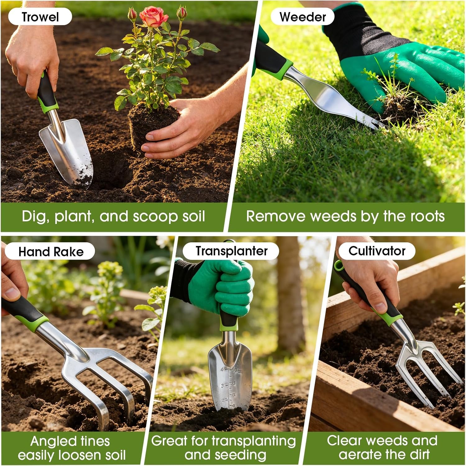 Garden Tools Set - 10 PCS, Heavy Duty Gardening Hand Tools Kit with Storage Tote, Rust-Resistant Gardening Supplies for Planting with Non-Slip Ergonomic Handle for Women and Men (Green)