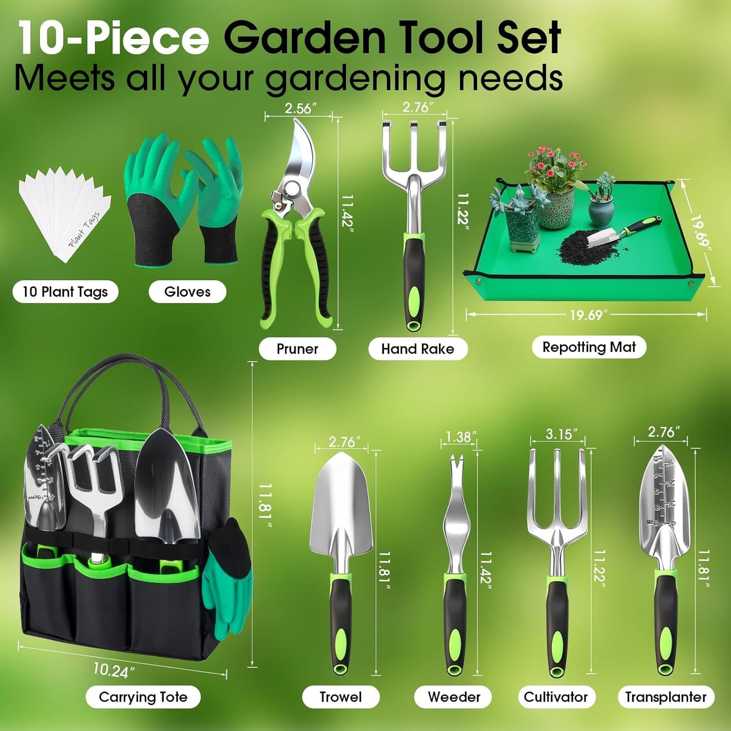 Garden Tools Set - 10 PCS, Heavy Duty Gardening Hand Tools Kit with Storage Tote, Rust-Resistant Gardening Supplies for Planting with Non-Slip Ergonomic Handle for Women and Men (Green)