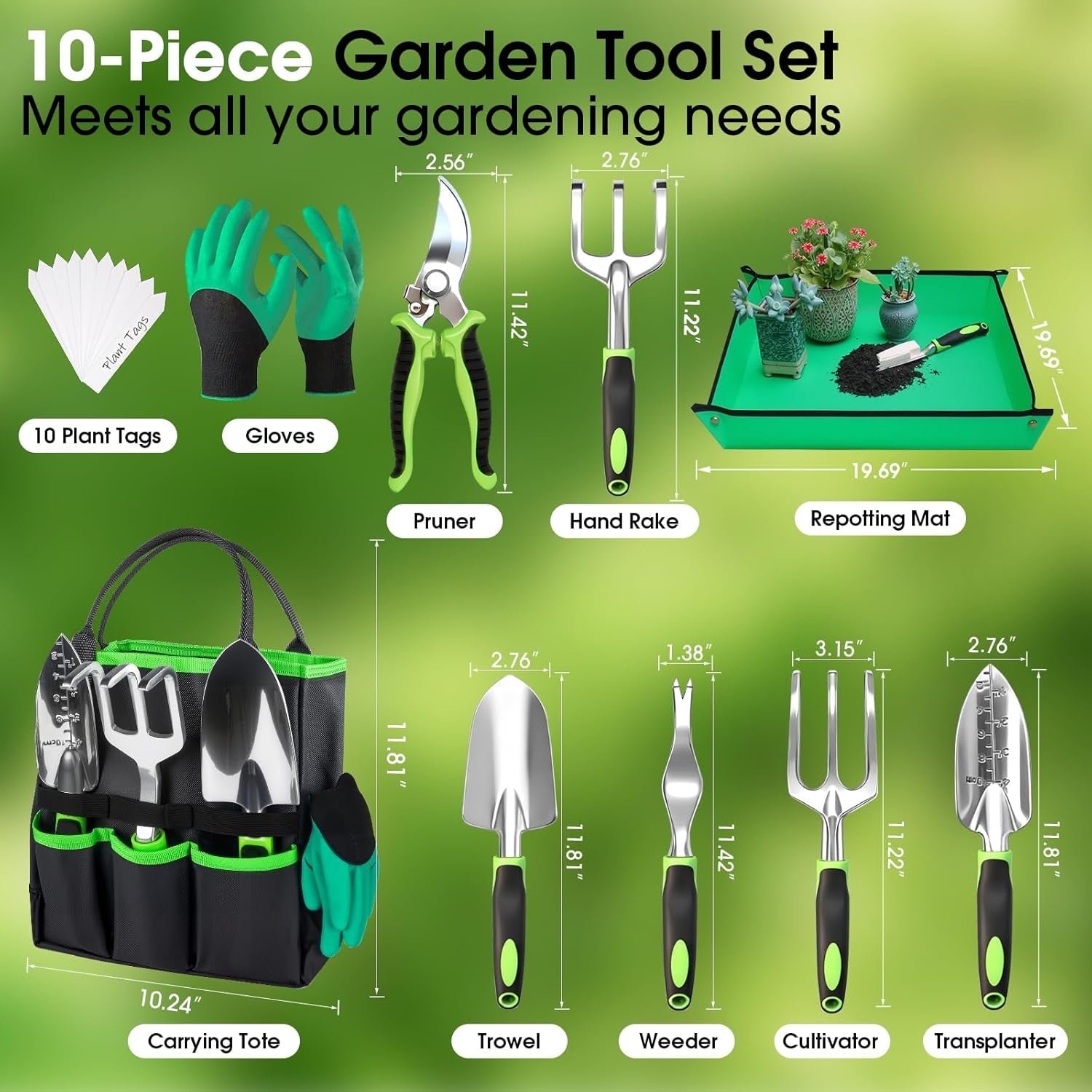 Garden Tools Set - 10 PCS, Heavy Duty Gardening Hand Tools Kit with Storage Tote, Rust-Resistant Gardening Supplies for Planting with Non-Slip Ergonomic Handle for Women and Men (Green)