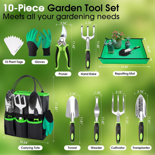 Garden Tools Set - 10 PCS, Heavy Duty Gardening Hand Tools Kit with Storage Tote, Rust-Resistant Gardening Supplies for Planting with Non-Slip Ergonomic Handle for Women and Men (Green)
