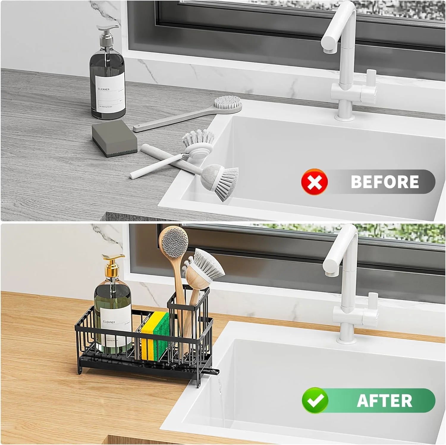 Dasaka Black Sponge Holder for Kitchen Sink, Sink Caddy Organizer with High Brush Holder, Kitchen Countertop Organizers and Storage Essentials, Rustproof 304 Stainless Steel, Soap Dispenser Organize